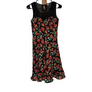 H&M Divided Black & Orange Floral Rose Print Sleeveless Dress Size 4‎